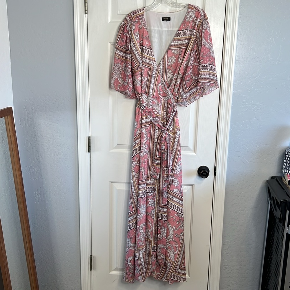 Marée Pour Toi pink flowy wrap maxi dress XXL Swiss dot scarf print - Picture 2 of 15